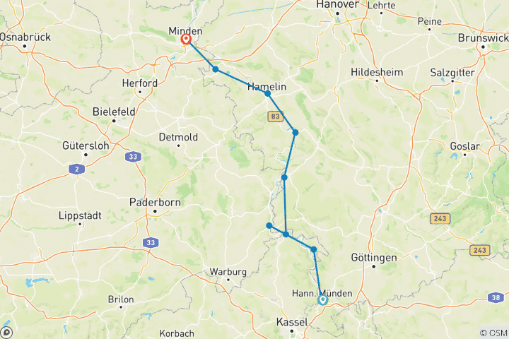 Kaart van Weser: Wandel van Hann. Münden naar Minden (9 dagen)