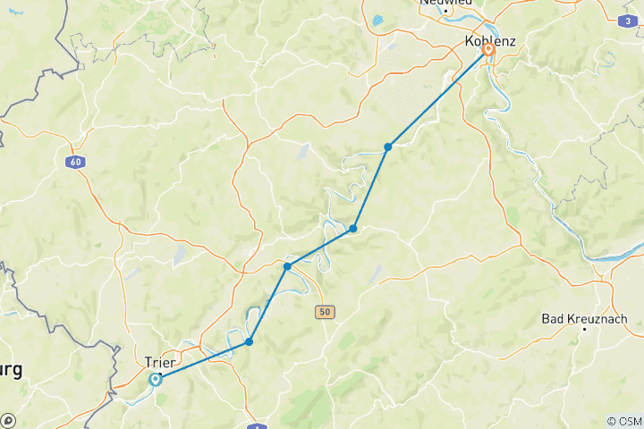 Kaart van Moezel: Klassiek van Trier naar Koblenz (7 dagen)