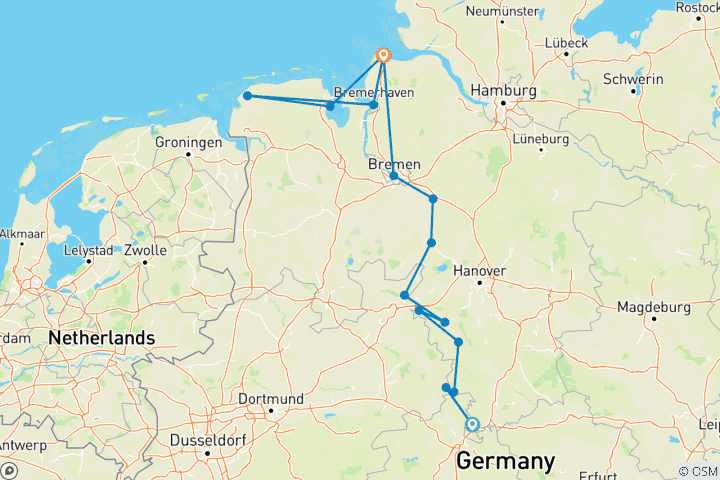 Karte von Weser-Radweg: Hann. Münden - Cuxhaven (12 Tage)