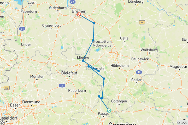 Kaart van Weser Fietsroute Klassieker: Hann. Münden - Bremen (9 dagen)