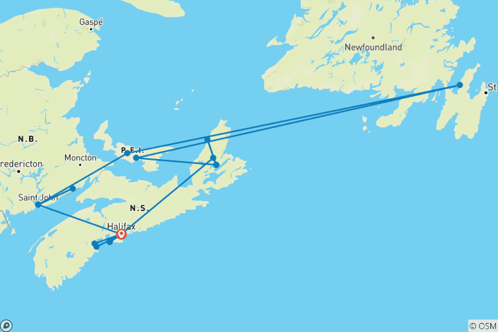 Carte du circuit Les Maritimes canadiennes et les merveilles de la côte avec la Piste Cabot