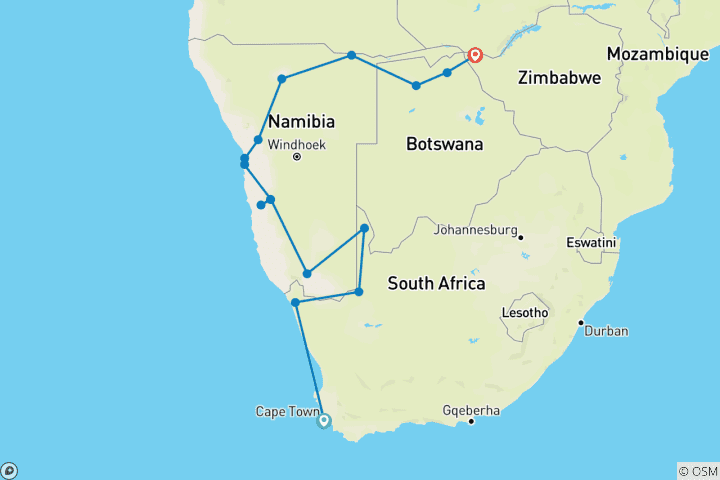 Kaart van Zuidelijk Afrika Kaap naar watervallen - 20 dagen