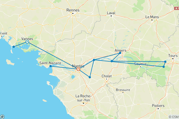 Mapa de La preciosa Bretaña y la opulencia real en el Loira (crucero de puerto a puerto) (de Vannes a Nantes)