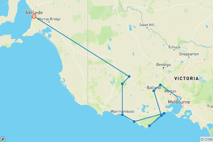 Carte du circuit Aventure sur la Great Ocean Road et dans les Grampians (12 destinations)