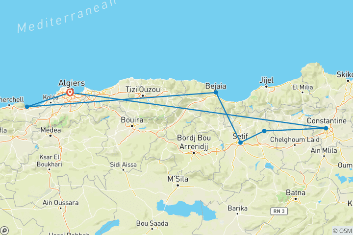 Carte du circuit Circuit sur mesure en Algérie, départ quotidien et guide privé
