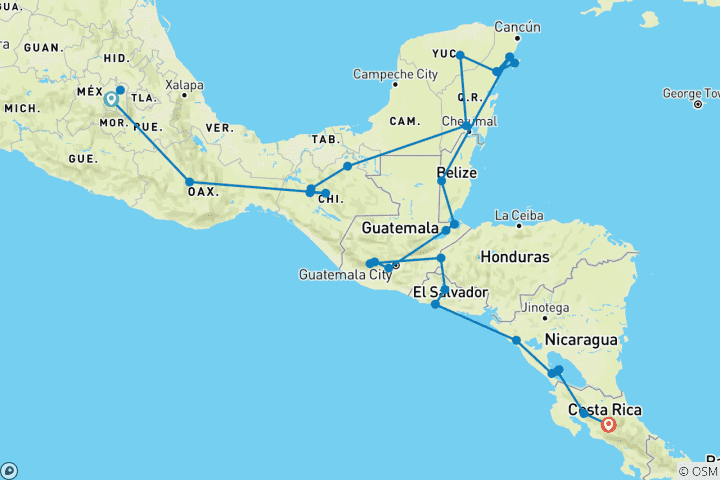 Kaart van Grote reis door Midden-Amerika – zeven landen & droomstranden