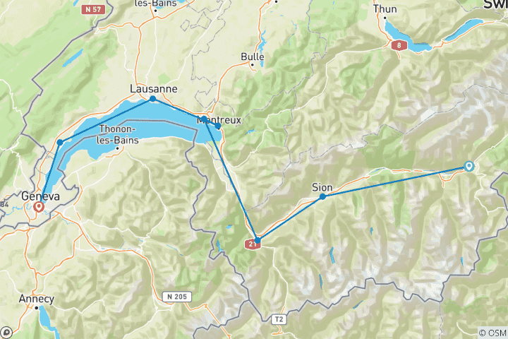 Karte von Rhone Route: Brig - Genf 8 Tage (8 Tage)