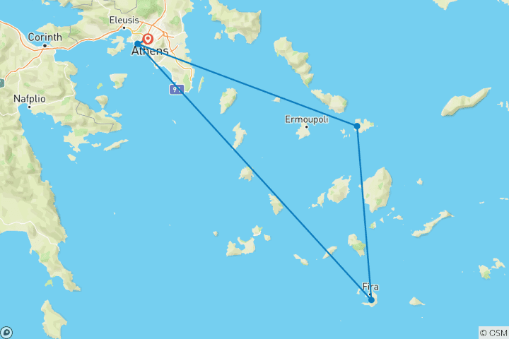 Map of 10-Day Greece Adventure: Athens, Santorini & Mykonos with Expert Guided Tours