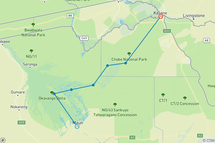 Kaart van Botswana - een rondreis op maat & mobiele kampeer-safari - vertrekt dagelijks