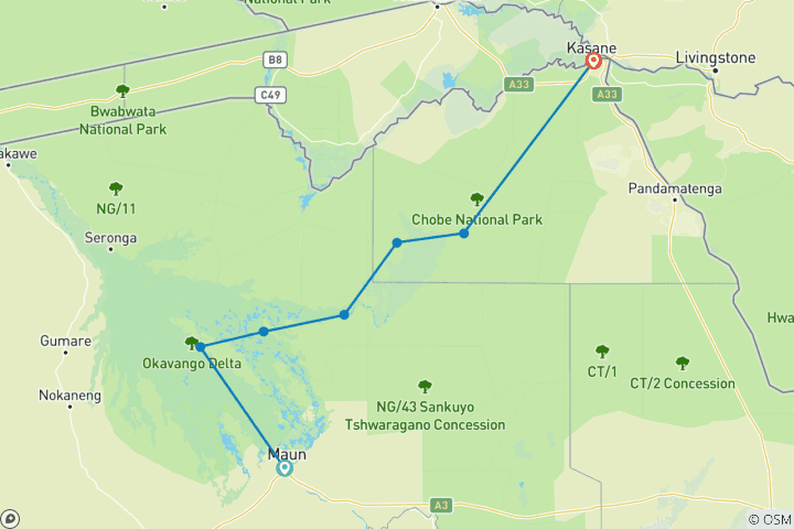 Carte du circuit Circuit sur mesure au Botswana avec safari camping mobile, départ quotidien