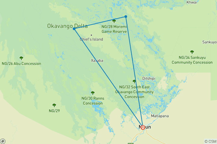 Mapa de Viaje a medida a Botsuana por el Delta del Okavango, con salida diaria y guía privado