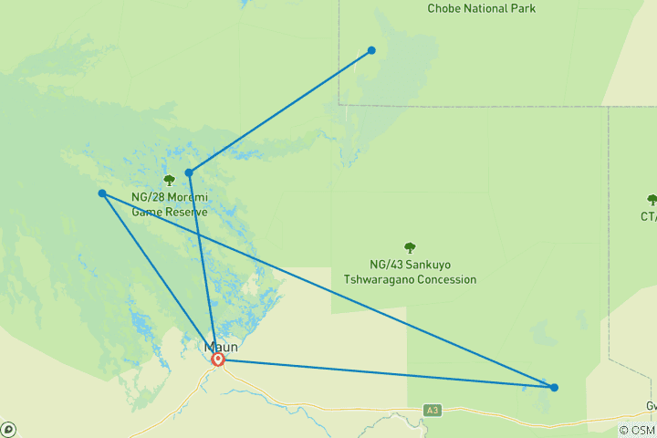Map of 10-Day Botswana Mobile Camping Safari Experience (incl Okavango, Moremi, Savuti, Nxai Pans)
