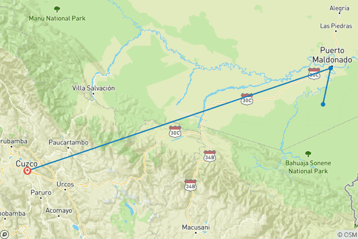Mapa de 5 días reserva natural amazónica de la selva de Tambopata Puerto Maldonado desde Cusco