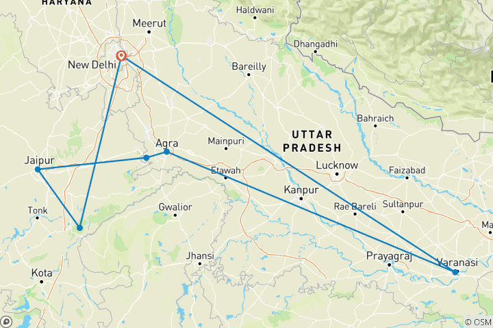 Carte du circuit 9 jours Triangle d'Or avec Ranthambore et Varanasi - Spiritualité Tigres Ganges Taj Lever/coucher du soleil