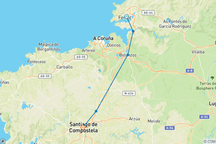 Karte von Englischer Jakobsweg von Ferrol nach Santiago (8 Tage)