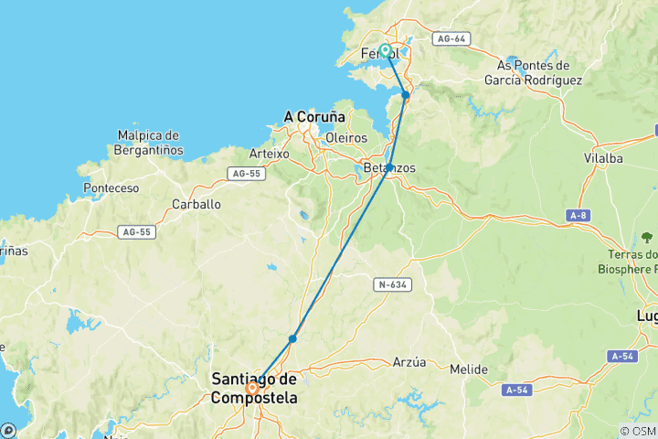 Karte von Englischer Jakobsweg von Ferrol nach Santiago (Pontedeume-Option) (7 Tage)
