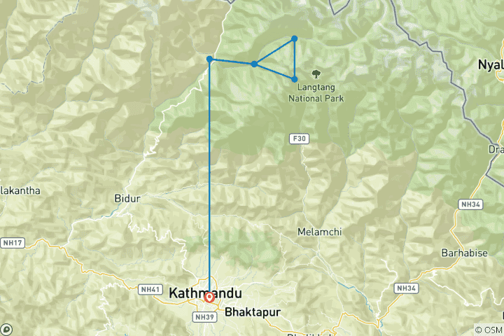 Karte von Langtang Valley mit T-Sergo Ri Peak Besteigung (auf 5033 m) Trekkingreise