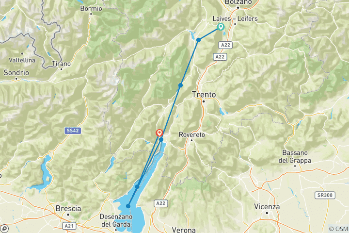 Kaart van Van Kaltern naar het Gardameer – Zuid-Tirol, Brenta & Trentino, 6 dagen vanuit Kaltern