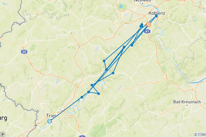 Kaart van Moezel-fietstocht 7 dagen van Trier naar Koblenz (7 dagen)