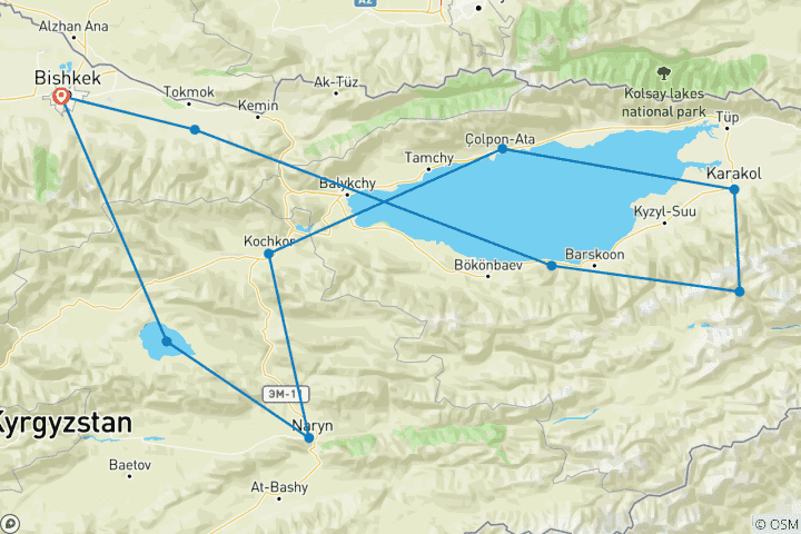 Map of Popular Yssyk-Kul and Son-Kul tour Kyrgyzstan