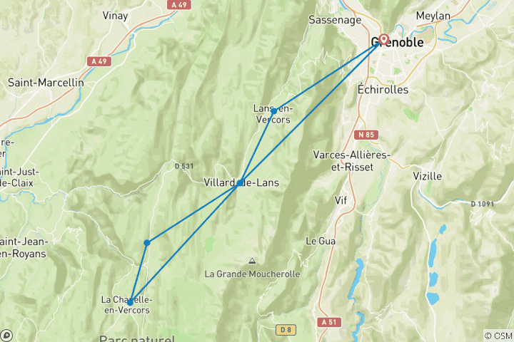 Karte von Vercors Naturpark - Bergidyll zwischen den Alpen und der Provence (7 Tage)