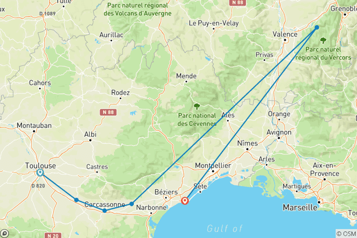 Map of Canal du Midi - from Toulouse to Sète (7 days)