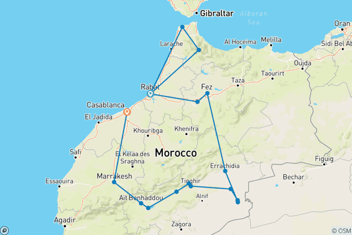 Kaart van Rondreis door Marokko vanuit Rabat