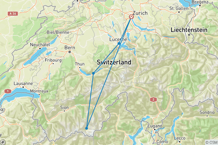 Mapa de Circuito a Suiza en 8 días (Zermatt, Interlaken, Lucerna y Zúrich)