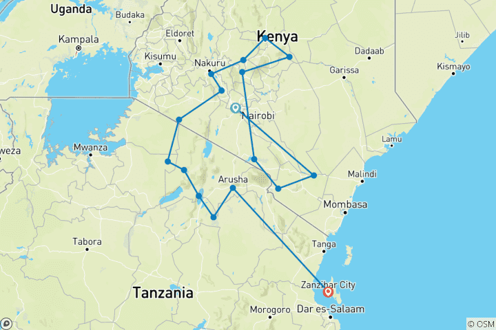 Carte du circuit 30 jours de vacances au Kenya, en Tanzanie et à Zanzibar