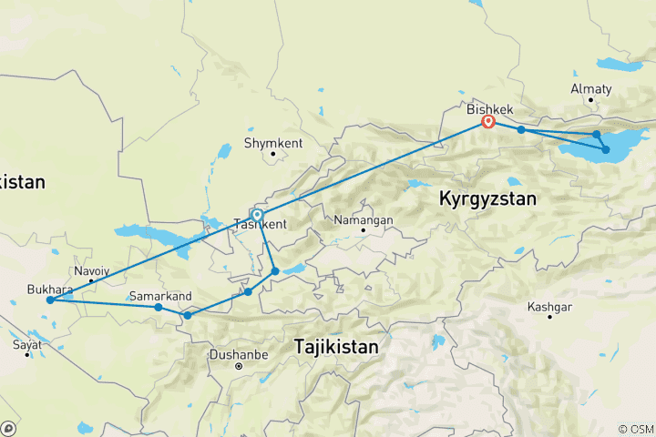 Kaart van Rondreis door 3 'Stans van Centraal-Azië - Oezbekistan, Tadzjikistan & Kirgizië - 12 dagen