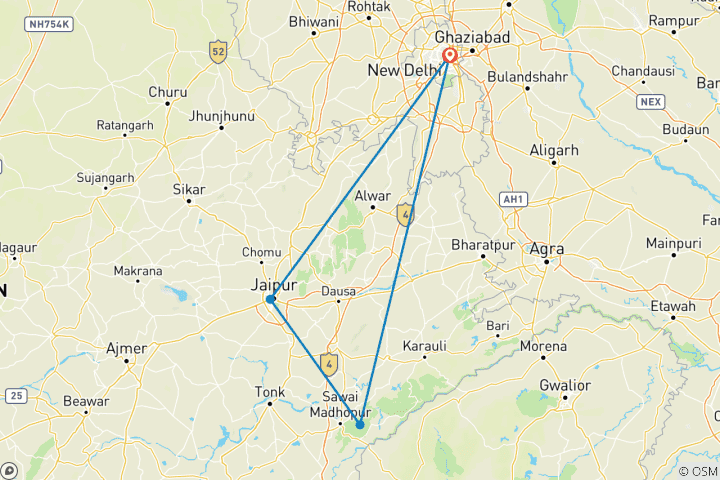Map of 05-Days Golden Triangle Tour with Ranthambore Jungle safari!