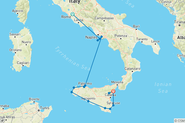 Kaart van De hoogtepunten van Rome, Napels & Sicilië - 11 dagen