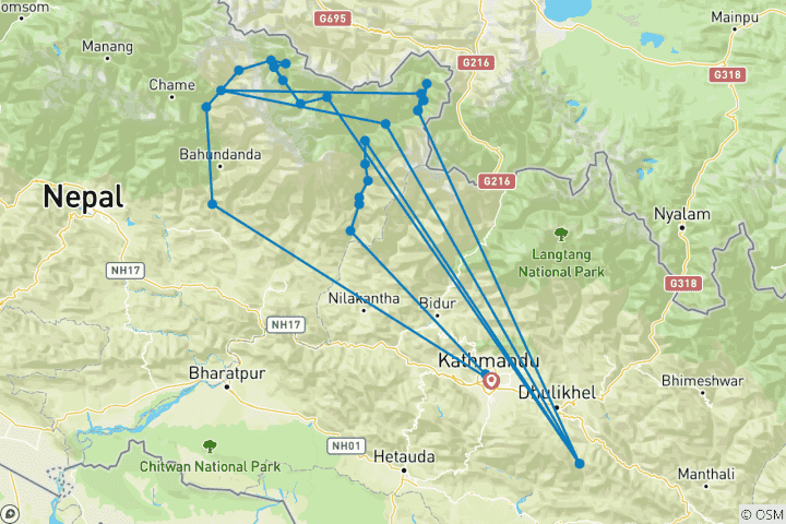 Kaart van Manaslu Tsum Vallei Trek 22 Dagen