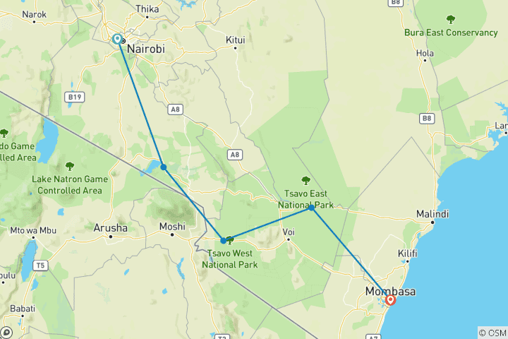 Carte du circuit Safari de 4 jours en milieu de gamme Amboseli/Tsavo Ouest/Tsavo Est