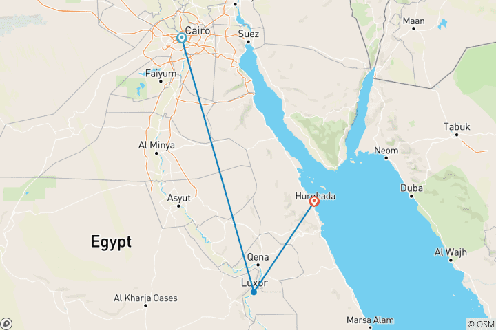 Carte du circuit Pharaons et paradis : Le Caire, Louxor et Hurghada (10 jours)