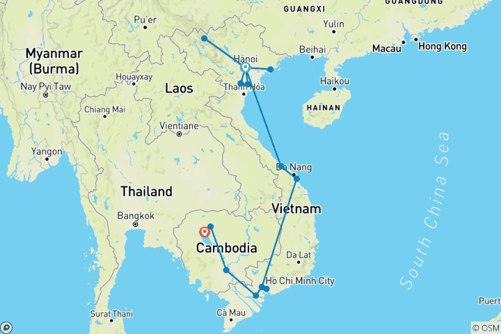 Carte du circuit Vietnam et Cambodge : Villages intacts, forêt tropicale et faune sauvage