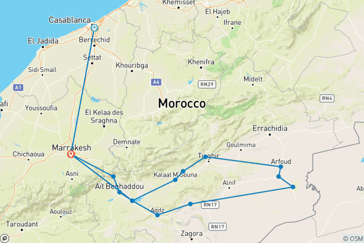 Carte du circuit Circuit privé de 4 jours dans le désert de Casablanca à Marrakech