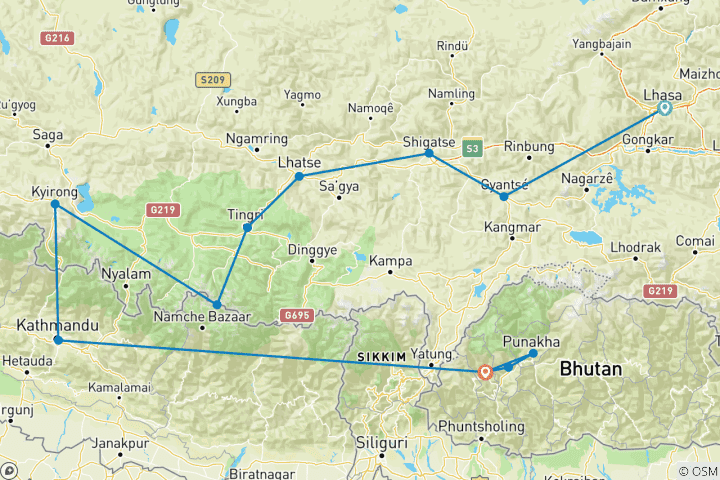 Mapa de Viaje de 13 días Tíbet Nepal Bután clásico