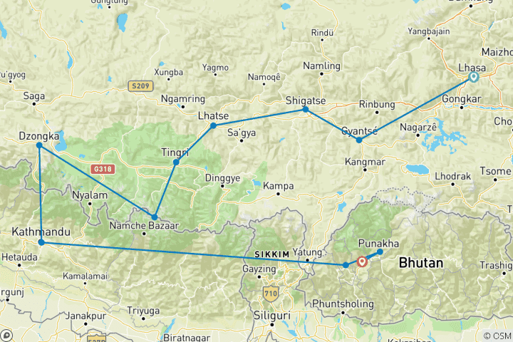 Carte du circuit 13 jours - Circuit classique Tibet Népal Bhoutan