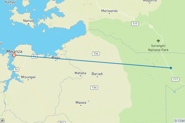 Carte du circuit Réservez le meilleur safari de 3 jours dans le Serengeti au départ de Mwanza, Tanzanie - Le meilleur safari dans le Serengeti au monde avec le prix le plus bas garanti