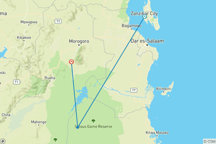 Kaart van Bereid je voor op de allerbeste 5-daagse privé budgetsafari van Zanzibar naar Selous, Mikumi & Udzungwa in Tanzania.