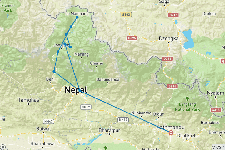 Kaart van Mountainbiketocht door de Upper Mustang Valley - 16 dagen