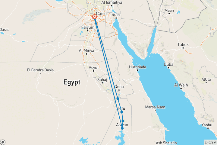 Carte du circuit 7 jours ( Pyramides de Gizeh, Musée GEM, Le Caire, Assouan - Abou Simbel, Croisière sur le Nil - Louxor ) & Train couchette aller-retour