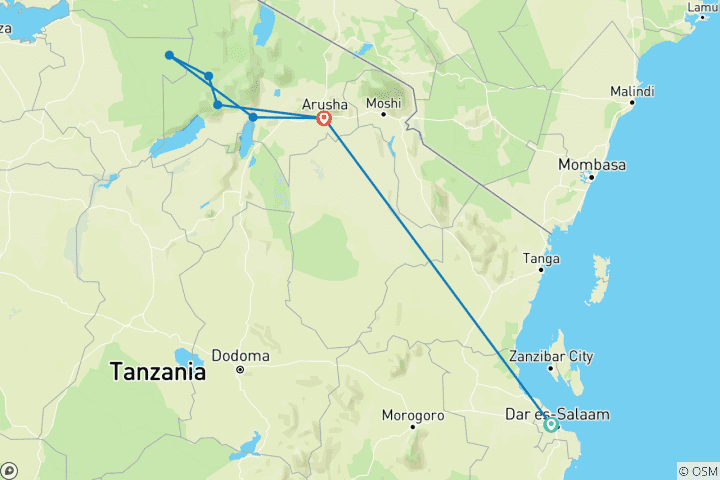 Map of Discover Tanzania on a 7 Days With Most Affordable Luxury Safari to the South Serengeti Migration from Dar Es Salaam!