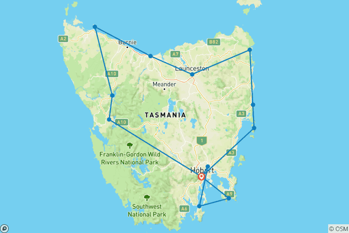 Carte du circuit Ultimate Tasmania - Circuit confort de 10 jours en Tasmanie