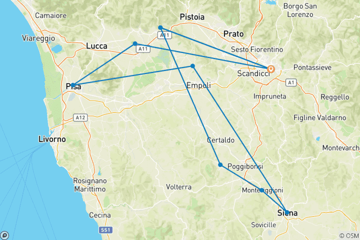 Carte du circuit Toscane Mon Amour : Coup de foudre 2026 ! Circuit semi-accompagné