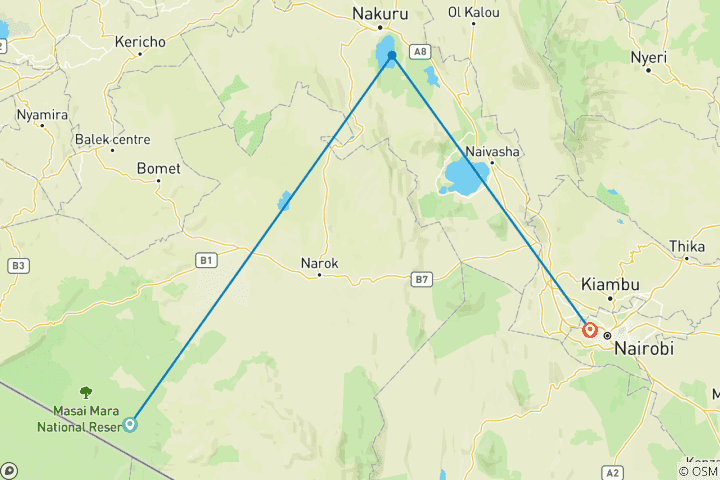 Mapa de Safari en grupo económico de 4 días por Masai Mara y el Parque Nacional del Lago Nakuru, 2026, en jeep 4x4