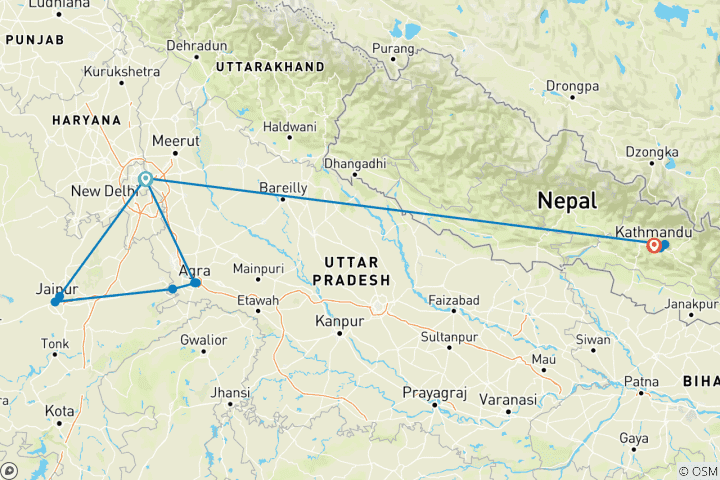 Carte du circuit Circuit du Triangle d'Or avec Katmandou