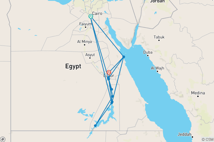 Kaart van Beleef Egypte – de piramides, het GEM, Nijlcruise, Hurghada & de Rode Zee – 10 dagen