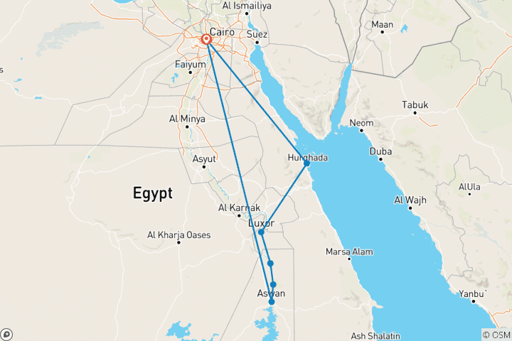 Kaart van Ontdek Egypte 9 Dagen (Piramides & GEM - Aswaan - Nijlcruise - Luxor - Hurghda) Binnenlandse vluchten